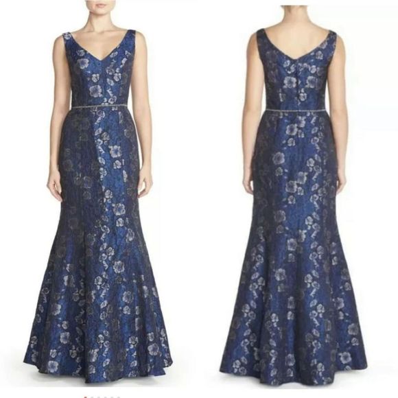 JS Collections Dresses & Skirts - Midnight Blue Embellished Jacquard Mermaid Gown
